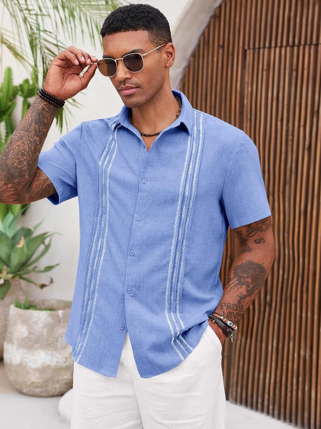 imageRuncati Mens Cuban Guayabera Shirts Short Sleeve Button Down Casual Summer Beach Wedding Embroidered TopsLight Blue