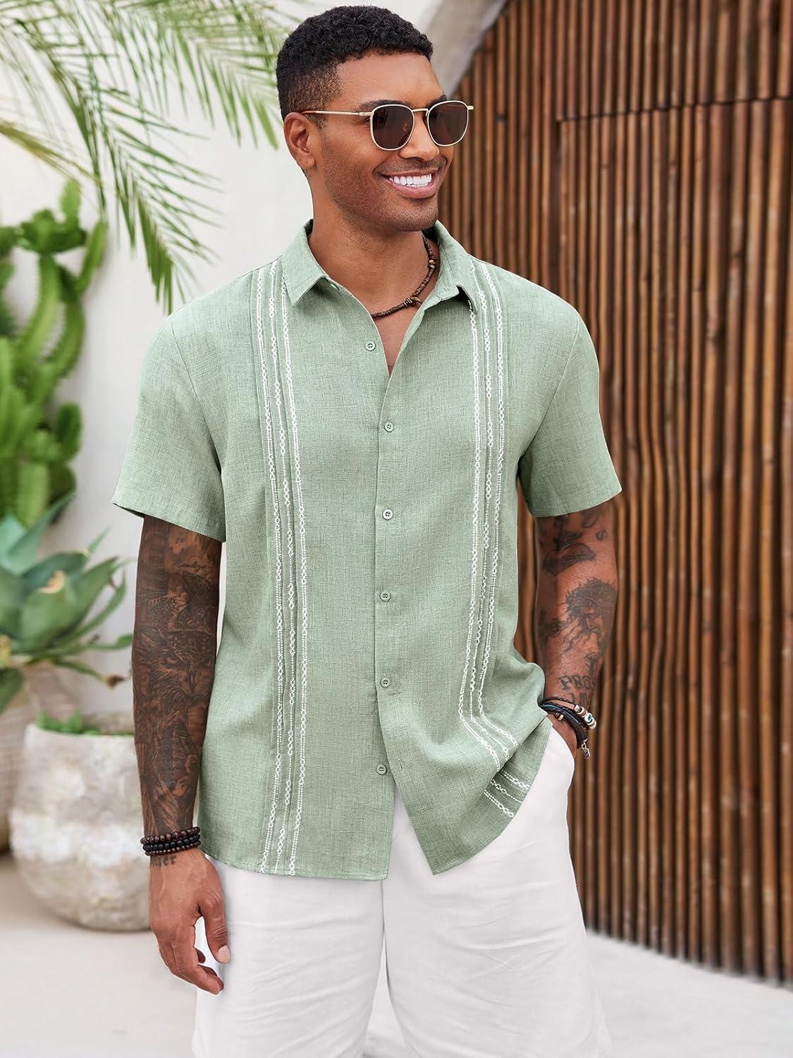 imageRuncati Mens Cuban Guayabera Shirts Short Sleeve Button Down Casual Summer Beach Wedding Embroidered TopsOlive Green