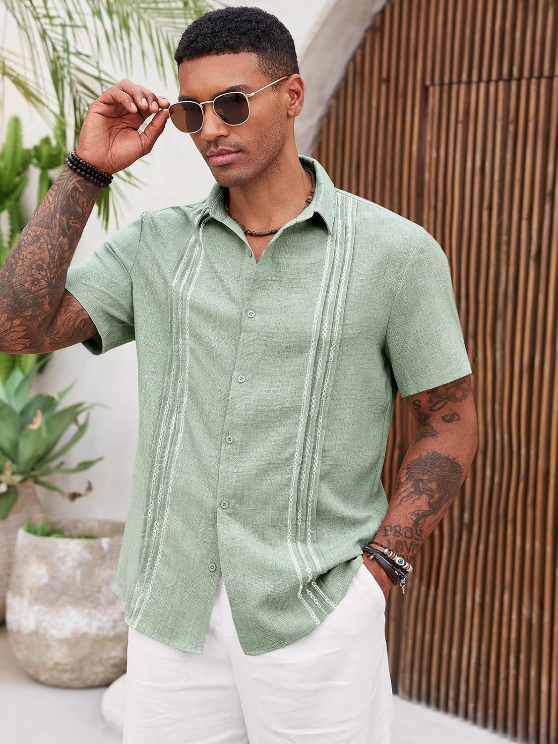 imageRuncati Mens Cuban Guayabera Shirts Short Sleeve Button Down Casual Summer Beach Wedding Embroidered TopsOlive Green