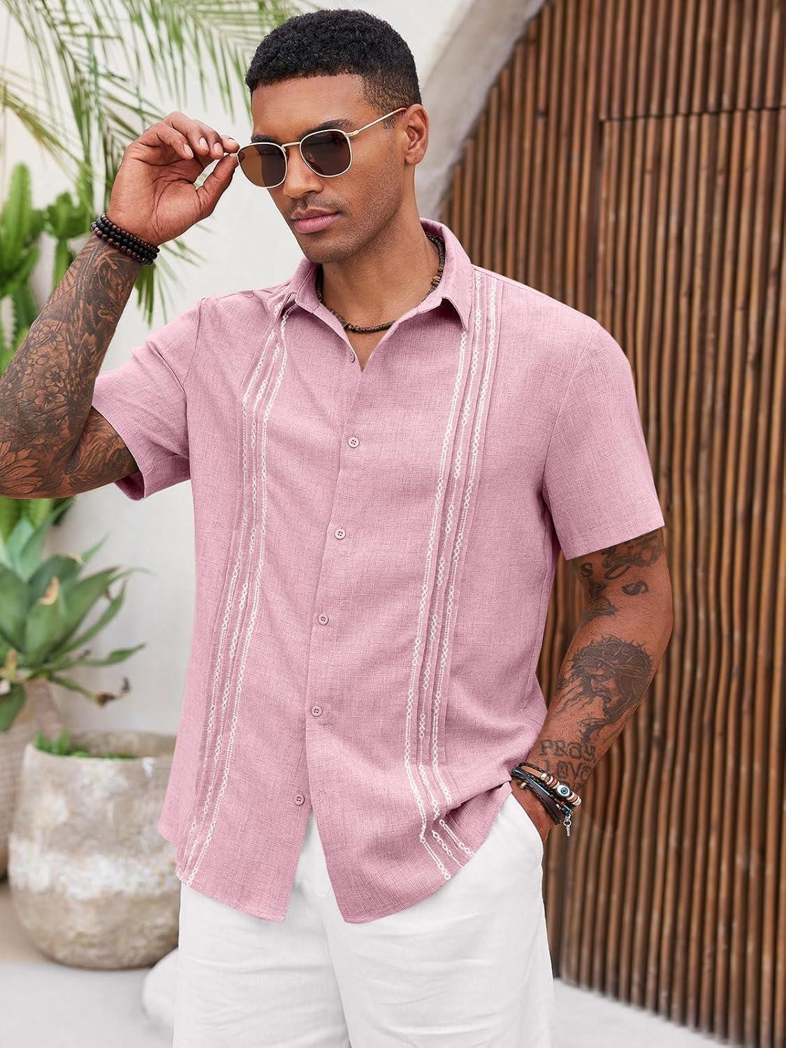 imageRuncati Mens Cuban Guayabera Shirts Short Sleeve Button Down Casual Summer Beach Wedding Embroidered TopsPink