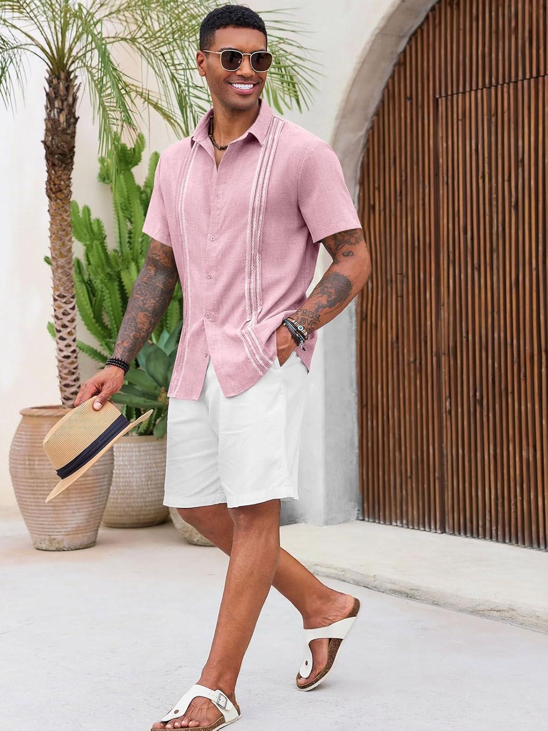 imageRuncati Mens Cuban Guayabera Shirts Short Sleeve Button Down Casual Summer Beach Wedding Embroidered TopsPink