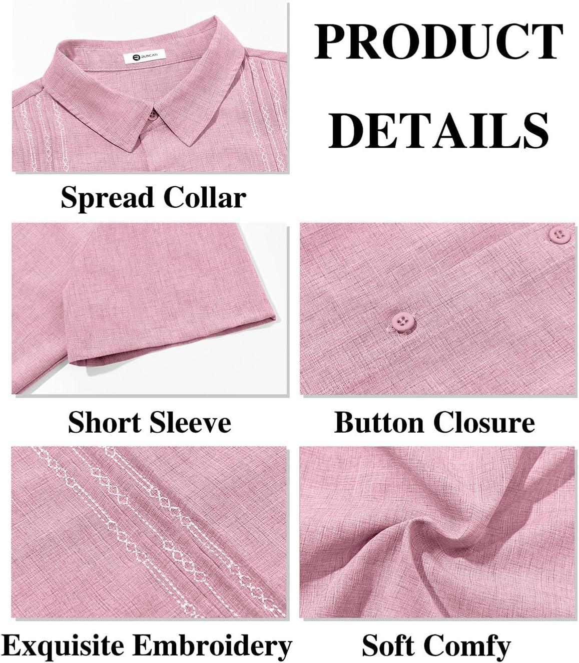 imageRuncati Mens Cuban Guayabera Shirts Short Sleeve Button Down Casual Summer Beach Wedding Embroidered TopsPink