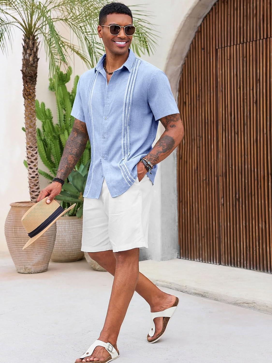 imageRuncati Mens Cuban Guayabera Shirts Short Sleeve Button Down Casual Summer Beach Wedding Embroidered TopsSky Blue