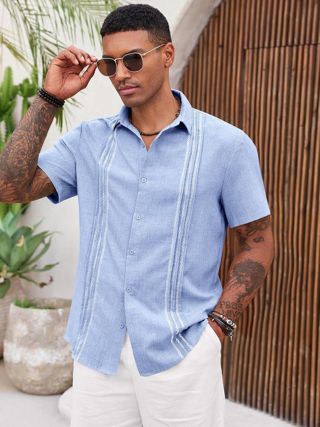 imageRuncati Mens Cuban Guayabera Shirts Short Sleeve Button Down Casual Summer Beach Wedding Embroidered TopsSky Blue