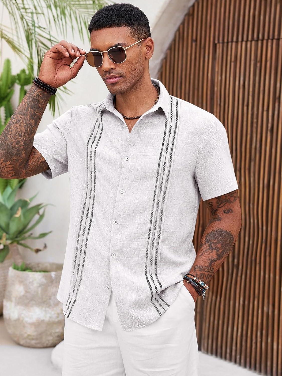 imageRuncati Mens Cuban Guayabera Shirts Short Sleeve Button Down Casual Summer Beach Wedding Embroidered TopsWhite