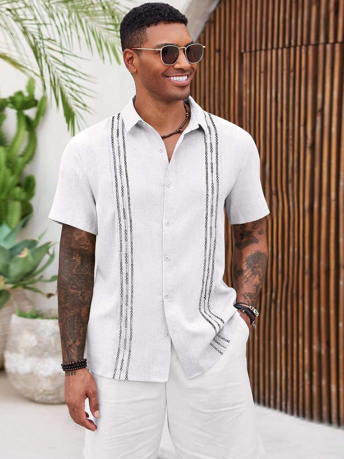 imageRuncati Mens Cuban Guayabera Shirts Short Sleeve Button Down Casual Summer Beach Wedding Embroidered TopsWhite