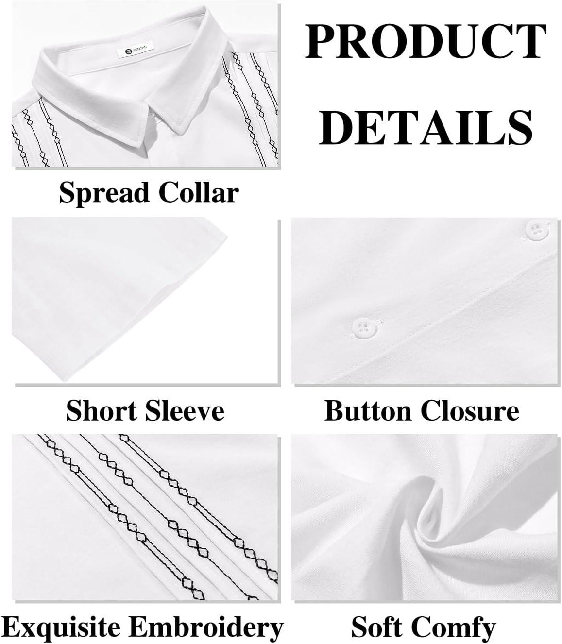 imageRuncati Mens Cuban Guayabera Shirts Short Sleeve Button Down Casual Summer Beach Wedding Embroidered TopsWhite