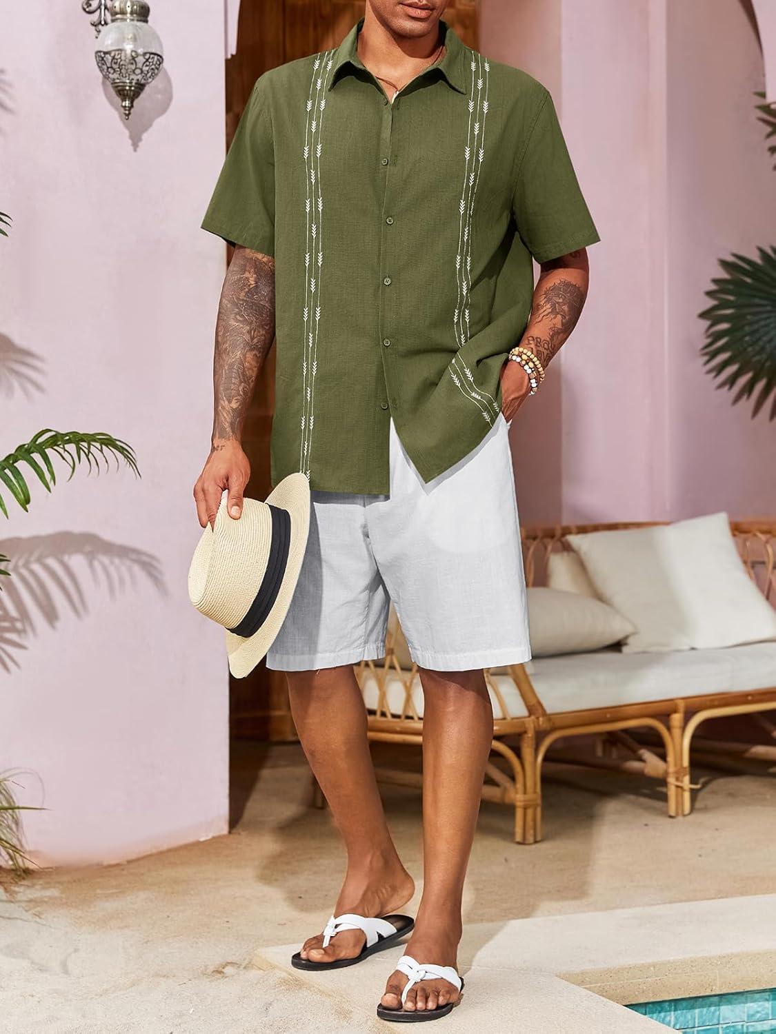 imageRuncati Mens Linen Shirt Guayabera Cuban Short Sleeve Button Down Cotton Summer Beach Hippie ShirtsArmy Green
