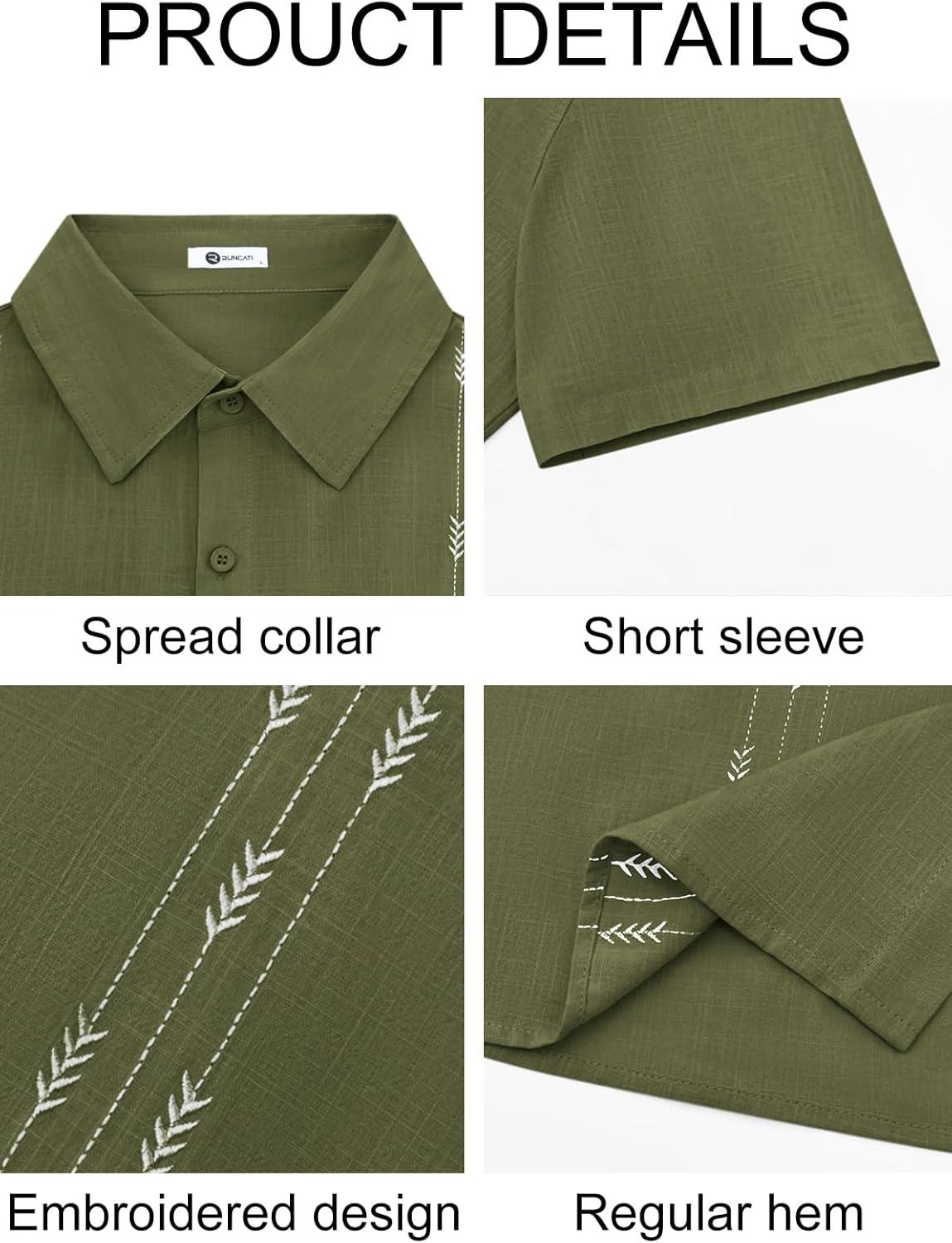 imageRuncati Mens Linen Shirt Guayabera Cuban Short Sleeve Button Down Cotton Summer Beach Hippie ShirtsArmy Green