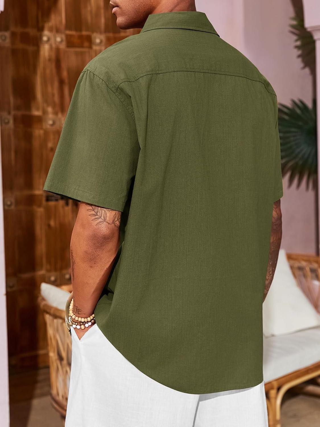 imageRuncati Mens Linen Shirt Guayabera Cuban Short Sleeve Button Down Cotton Summer Beach Hippie ShirtsArmy Green