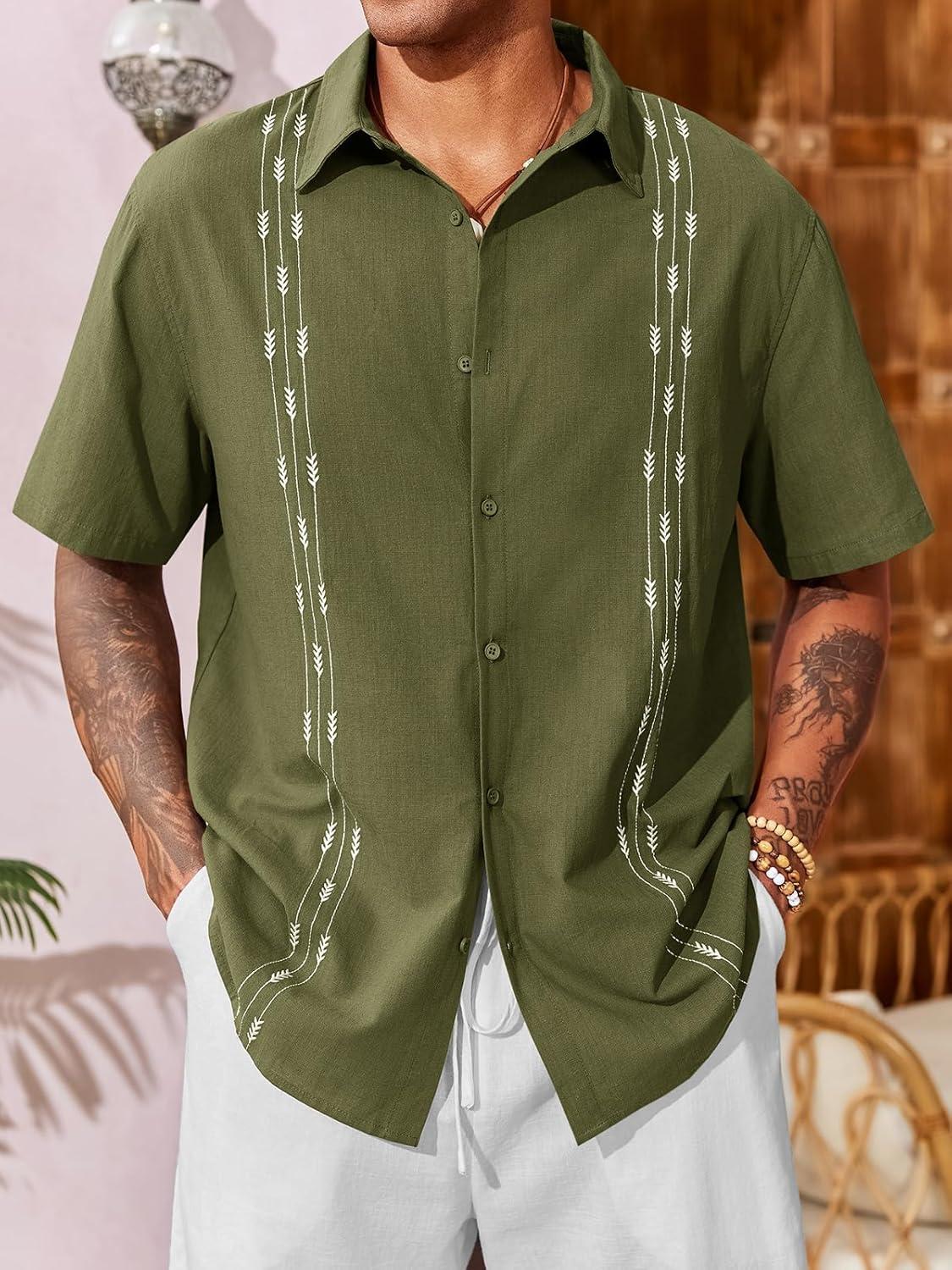 imageRuncati Mens Linen Shirt Guayabera Cuban Short Sleeve Button Down Cotton Summer Beach Hippie ShirtsArmy Green