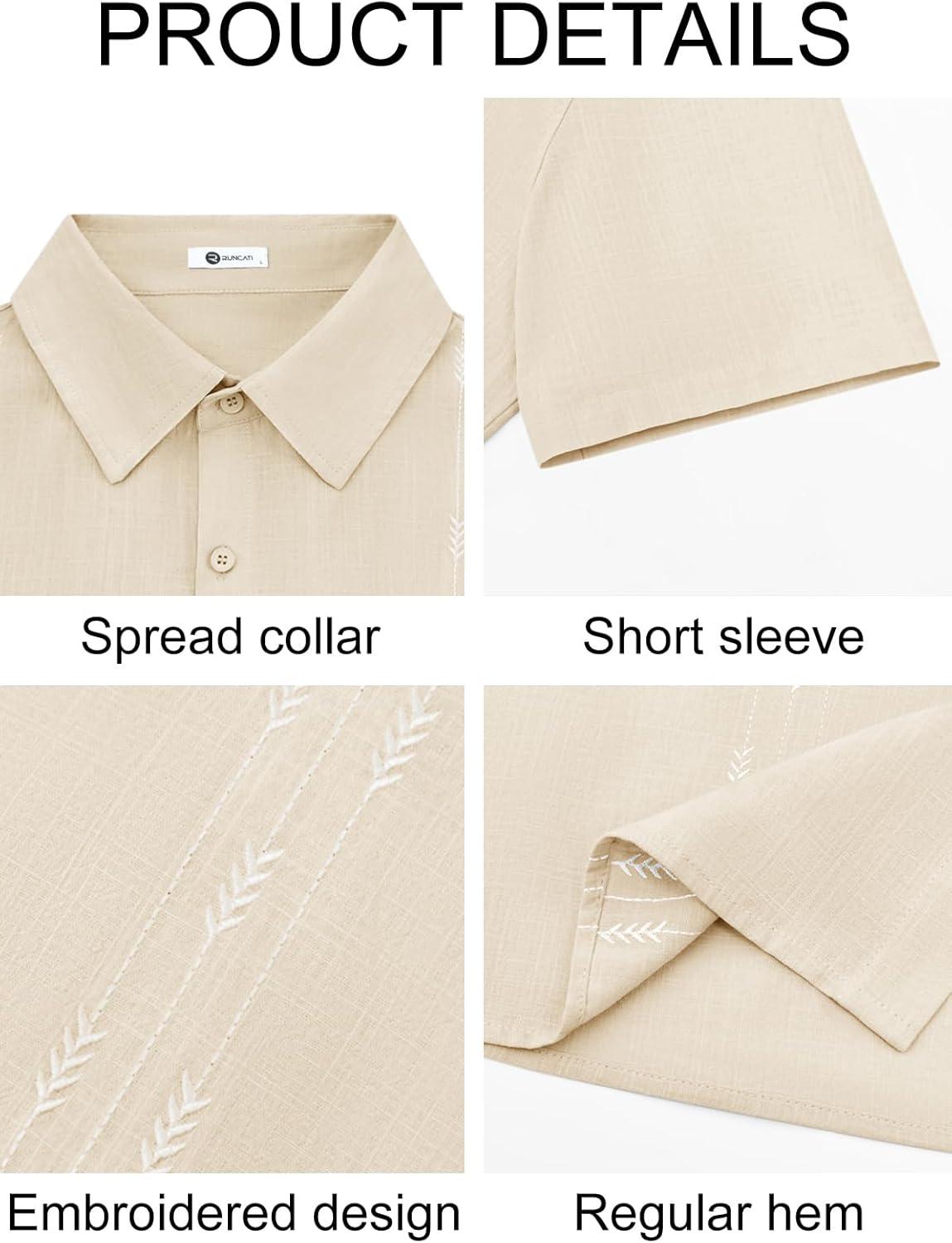 imageRuncati Mens Linen Shirt Guayabera Cuban Short Sleeve Button Down Cotton Summer Beach Hippie ShirtsBeige