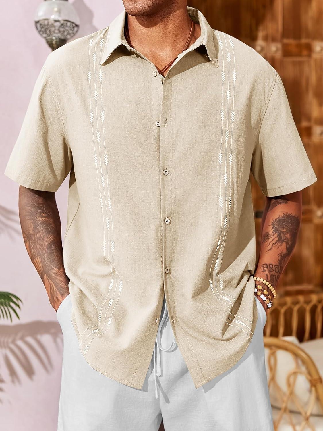 imageRuncati Mens Linen Shirt Guayabera Cuban Short Sleeve Button Down Cotton Summer Beach Hippie ShirtsBeige