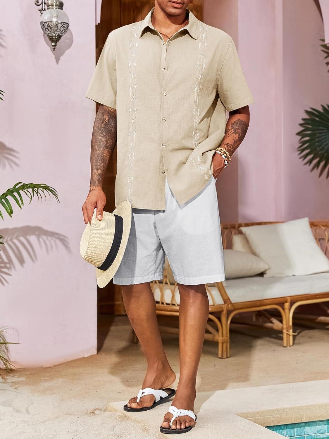 imageRuncati Mens Linen Shirt Guayabera Cuban Short Sleeve Button Down Cotton Summer Beach Hippie ShirtsBeige