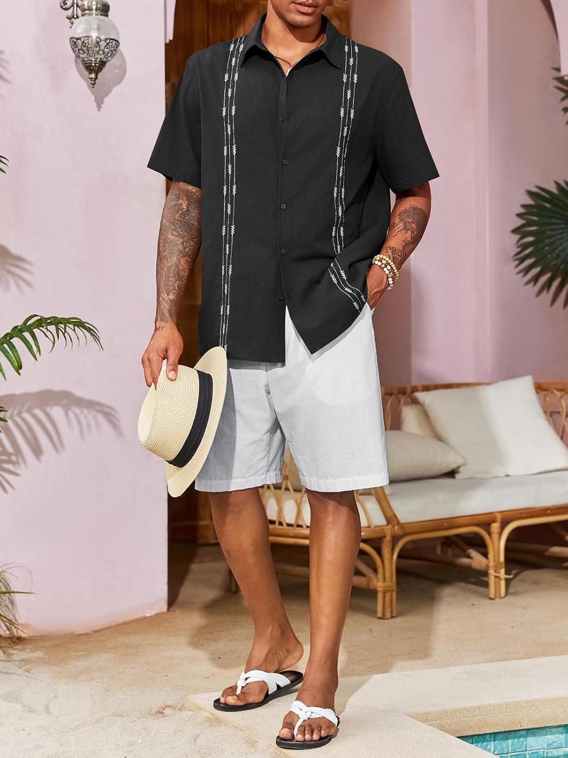 imageRuncati Mens Linen Shirt Guayabera Cuban Short Sleeve Button Down Cotton Summer Beach Hippie ShirtsBlack