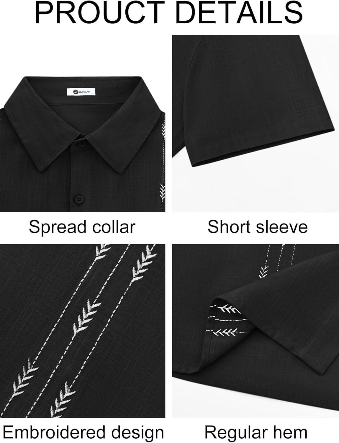 imageRuncati Mens Linen Shirt Guayabera Cuban Short Sleeve Button Down Cotton Summer Beach Hippie ShirtsBlack