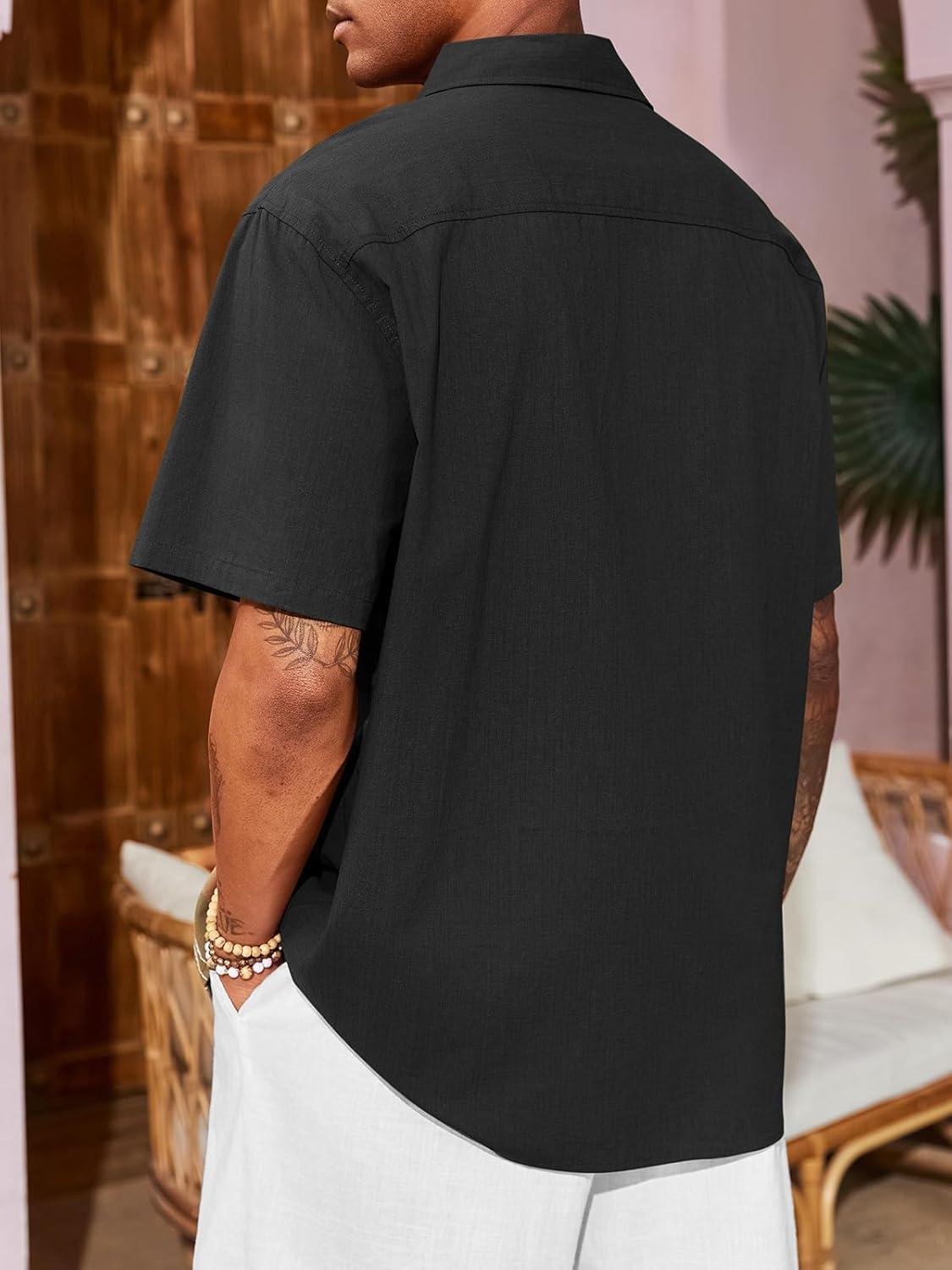 imageRuncati Mens Linen Shirt Guayabera Cuban Short Sleeve Button Down Cotton Summer Beach Hippie ShirtsBlack