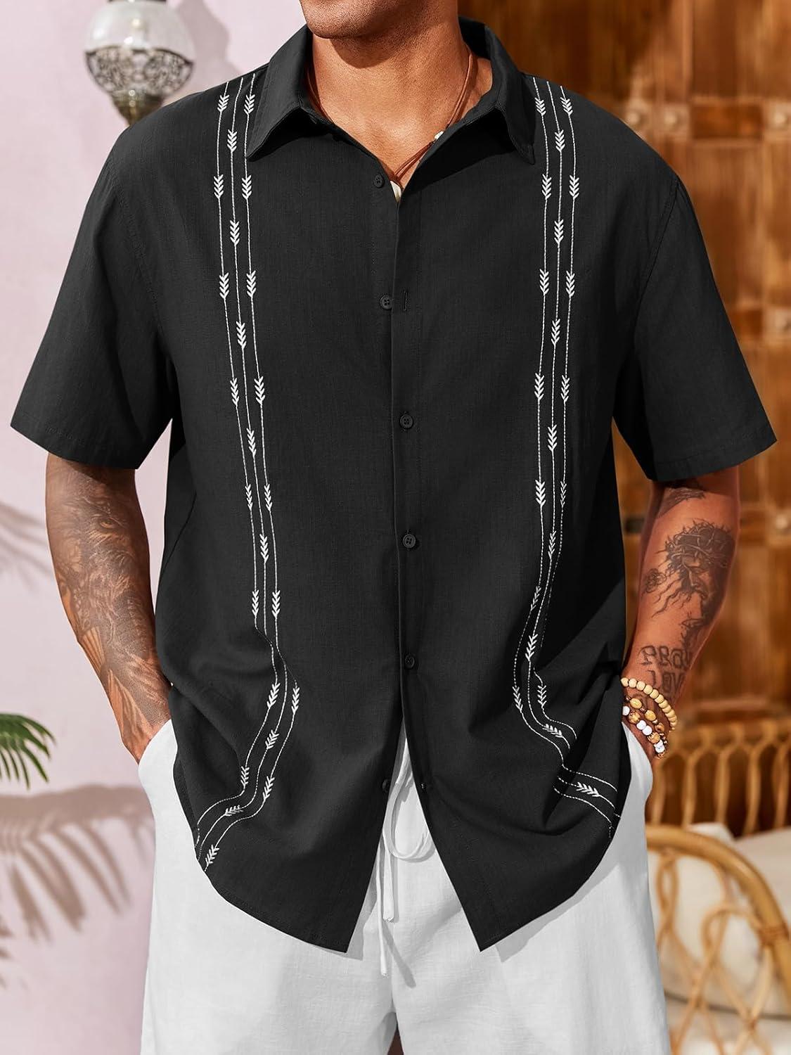 imageRuncati Mens Linen Shirt Guayabera Cuban Short Sleeve Button Down Cotton Summer Beach Hippie ShirtsBlack