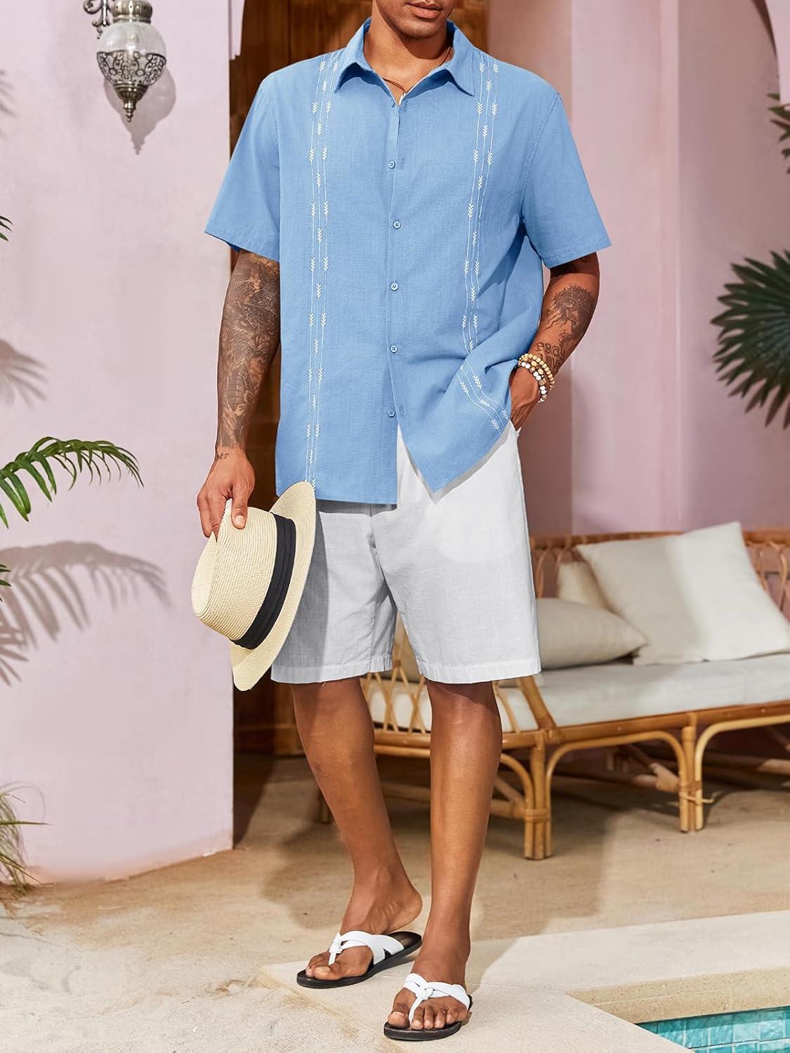imageRuncati Mens Linen Shirt Guayabera Cuban Short Sleeve Button Down Cotton Summer Beach Hippie ShirtsBlue