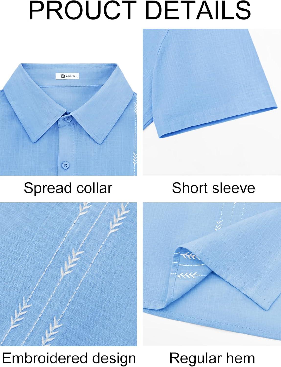 imageRuncati Mens Linen Shirt Guayabera Cuban Short Sleeve Button Down Cotton Summer Beach Hippie ShirtsBlue