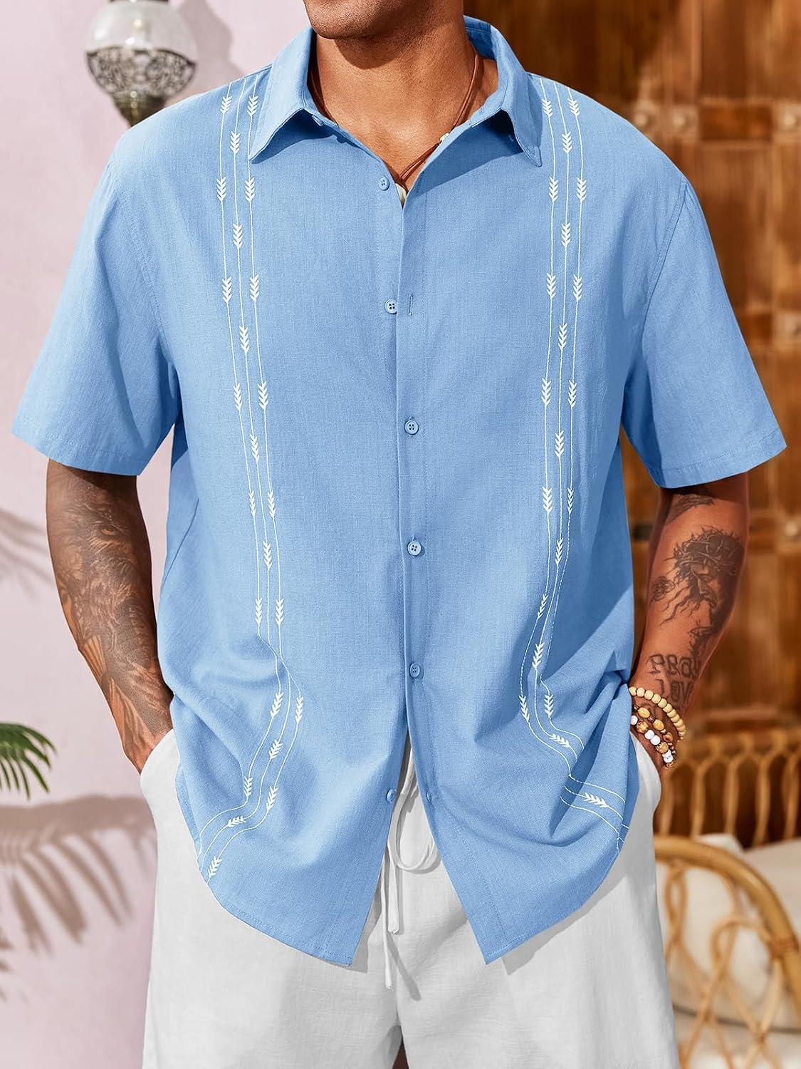 imageRuncati Mens Linen Shirt Guayabera Cuban Short Sleeve Button Down Cotton Summer Beach Hippie ShirtsBlue