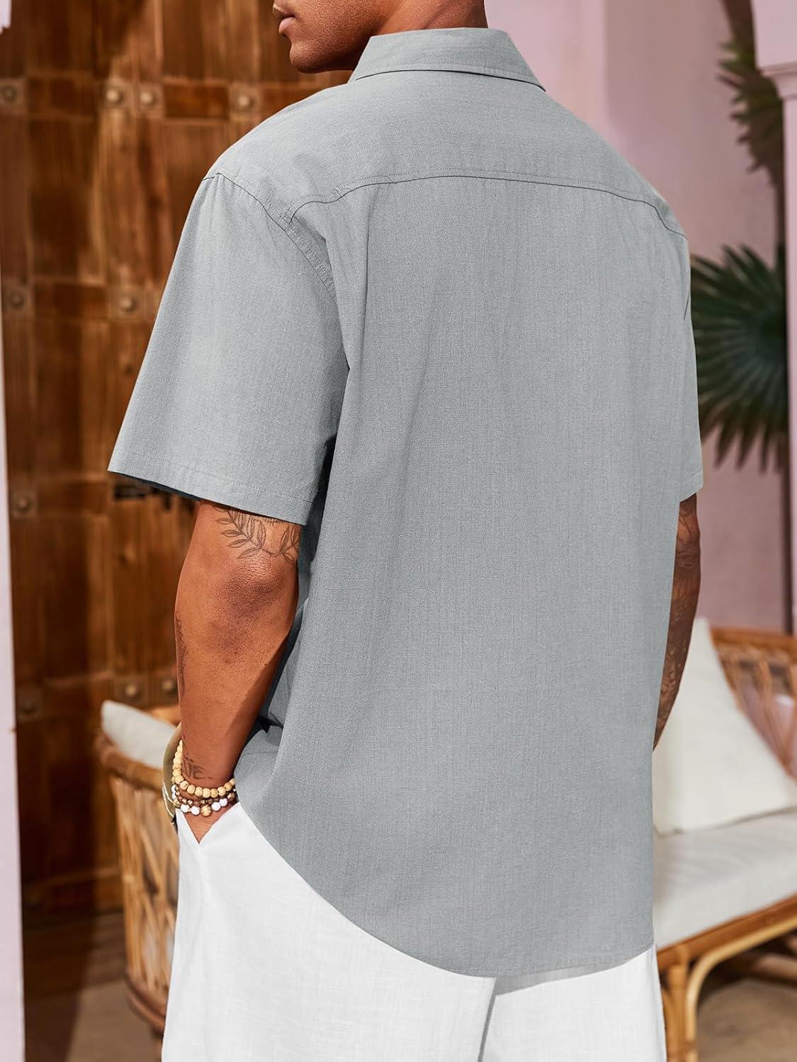 imageRuncati Mens Linen Shirt Guayabera Cuban Short Sleeve Button Down Cotton Summer Beach Hippie ShirtsGrey