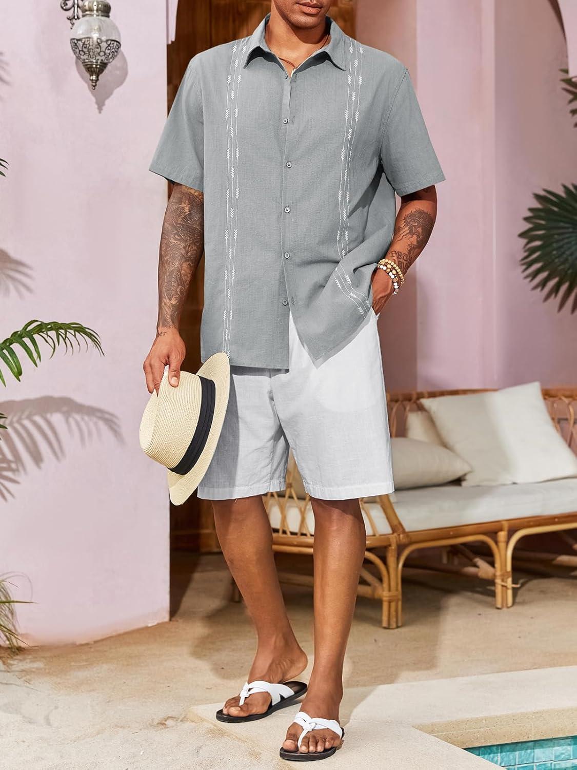 imageRuncati Mens Linen Shirt Guayabera Cuban Short Sleeve Button Down Cotton Summer Beach Hippie ShirtsGrey
