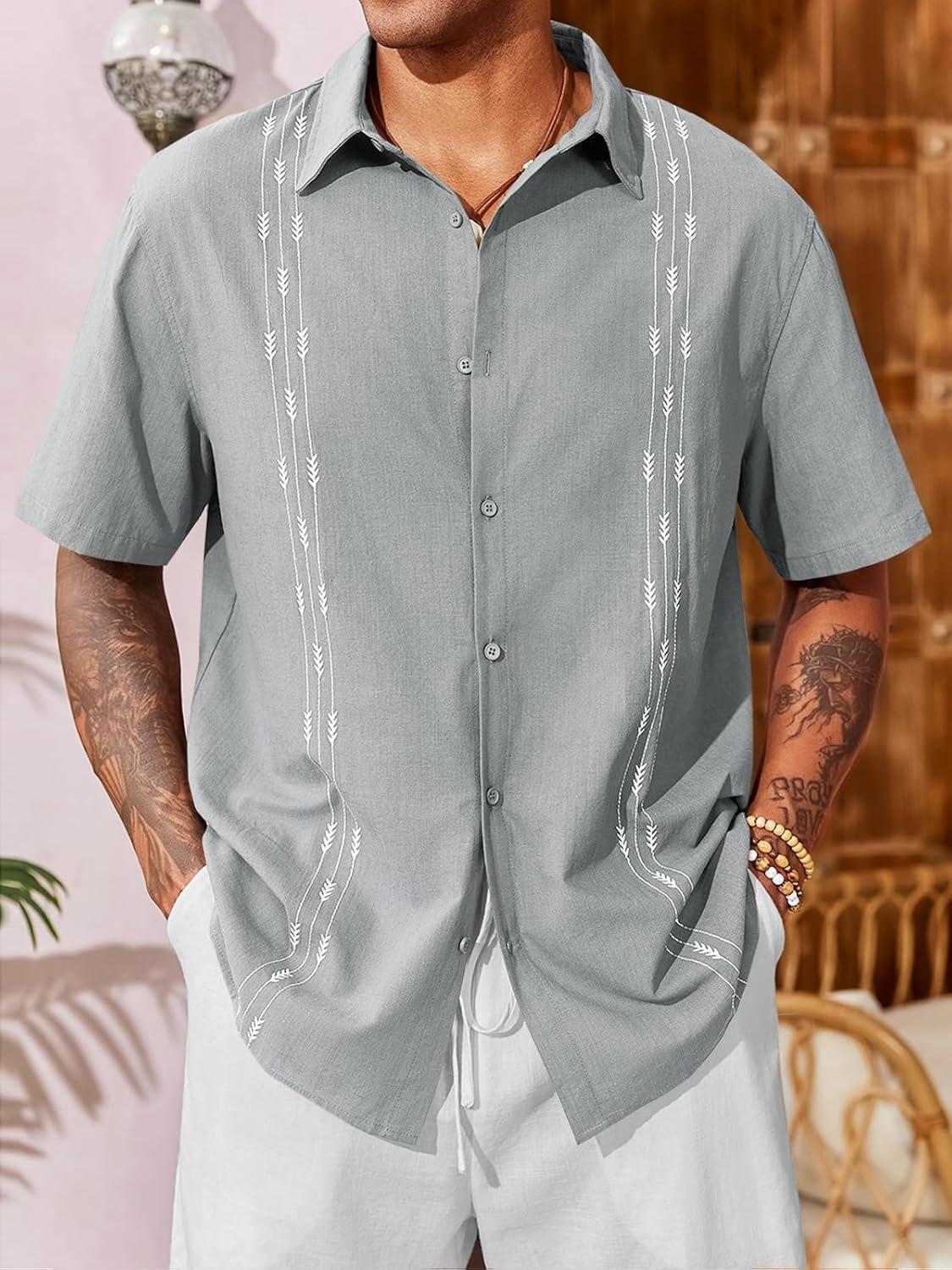 imageRuncati Mens Linen Shirt Guayabera Cuban Short Sleeve Button Down Cotton Summer Beach Hippie ShirtsGrey