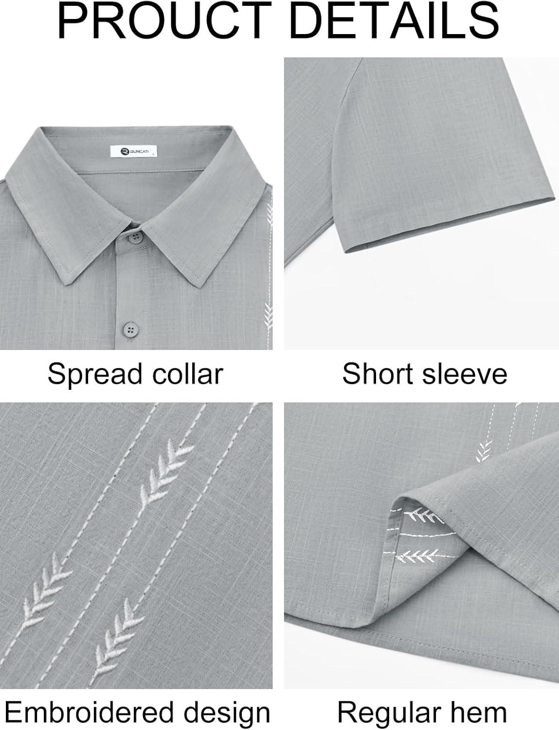 imageRuncati Mens Linen Shirt Guayabera Cuban Short Sleeve Button Down Cotton Summer Beach Hippie ShirtsGrey