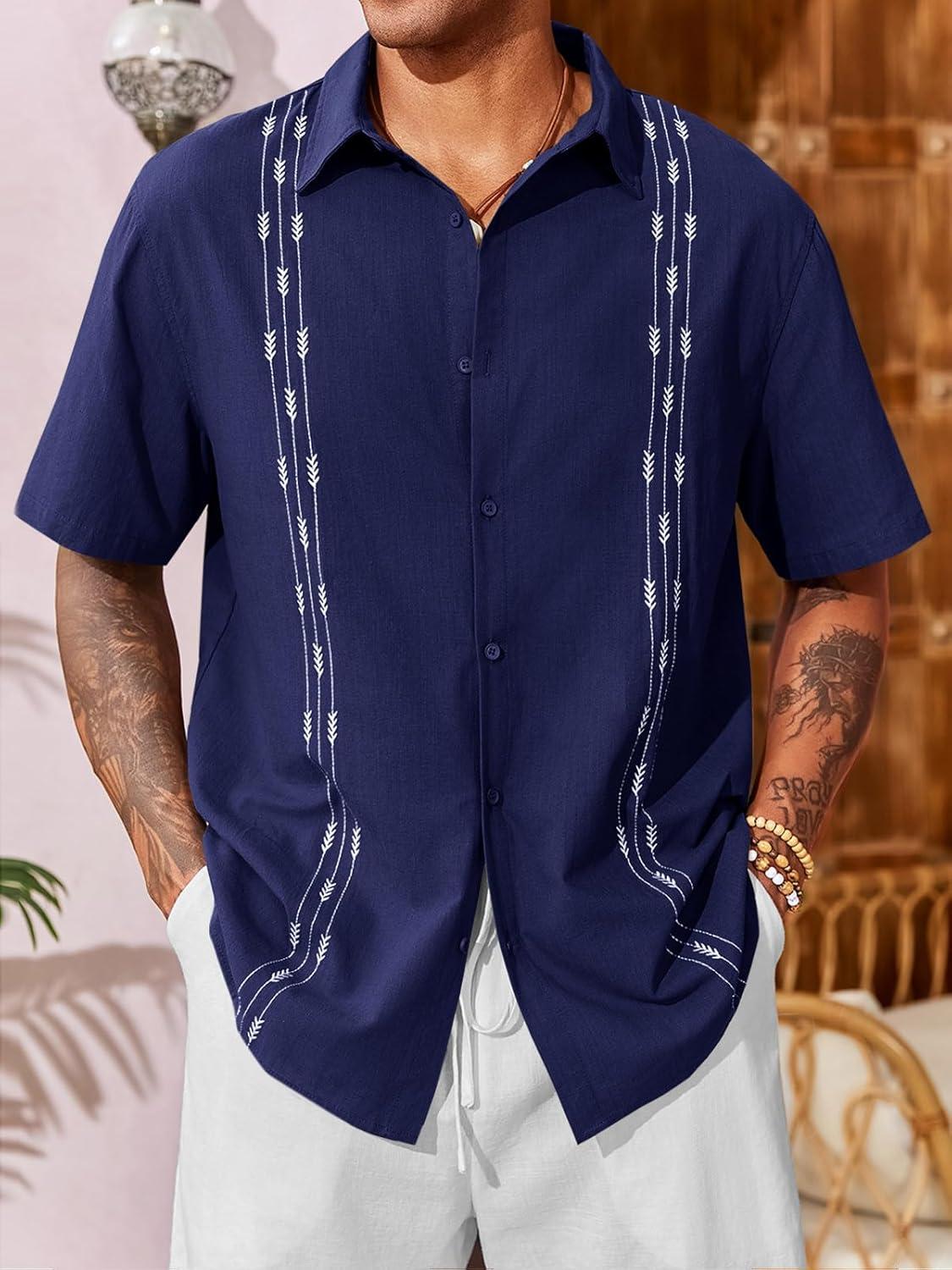 imageRuncati Mens Linen Shirt Guayabera Cuban Short Sleeve Button Down Cotton Summer Beach Hippie ShirtsNavy