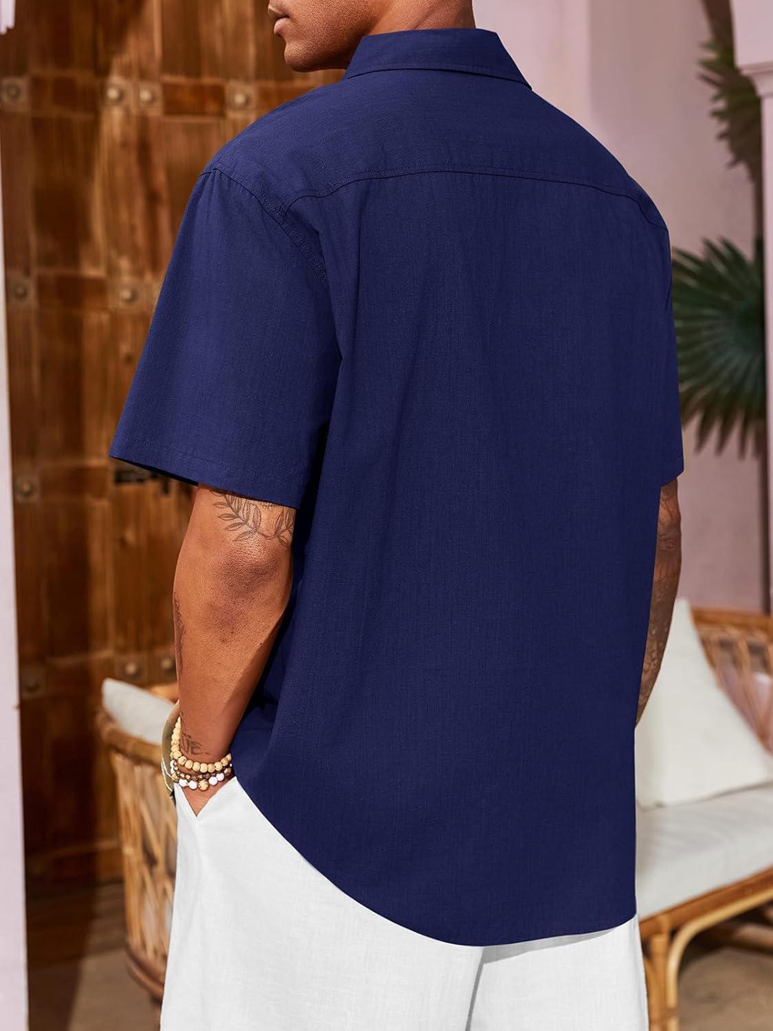 imageRuncati Mens Linen Shirt Guayabera Cuban Short Sleeve Button Down Cotton Summer Beach Hippie ShirtsNavy