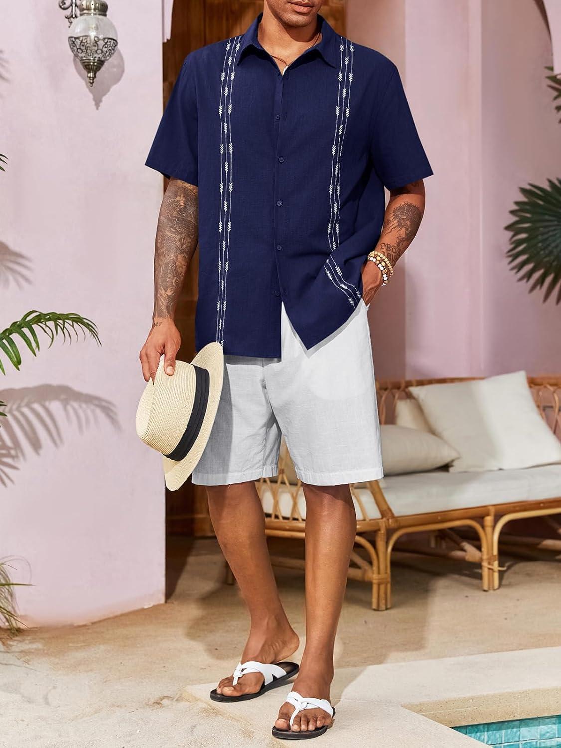imageRuncati Mens Linen Shirt Guayabera Cuban Short Sleeve Button Down Cotton Summer Beach Hippie ShirtsNavy
