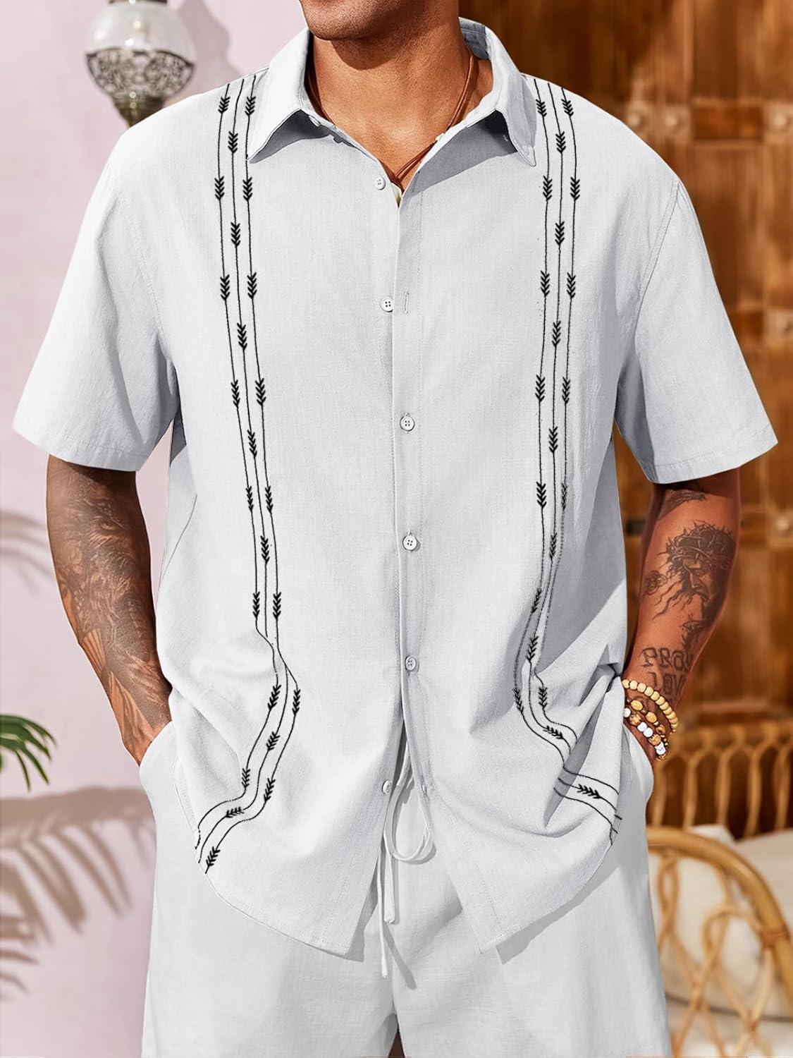 imageRuncati Mens Linen Shirt Guayabera Cuban Short Sleeve Button Down Cotton Summer Beach Hippie ShirtsWhite