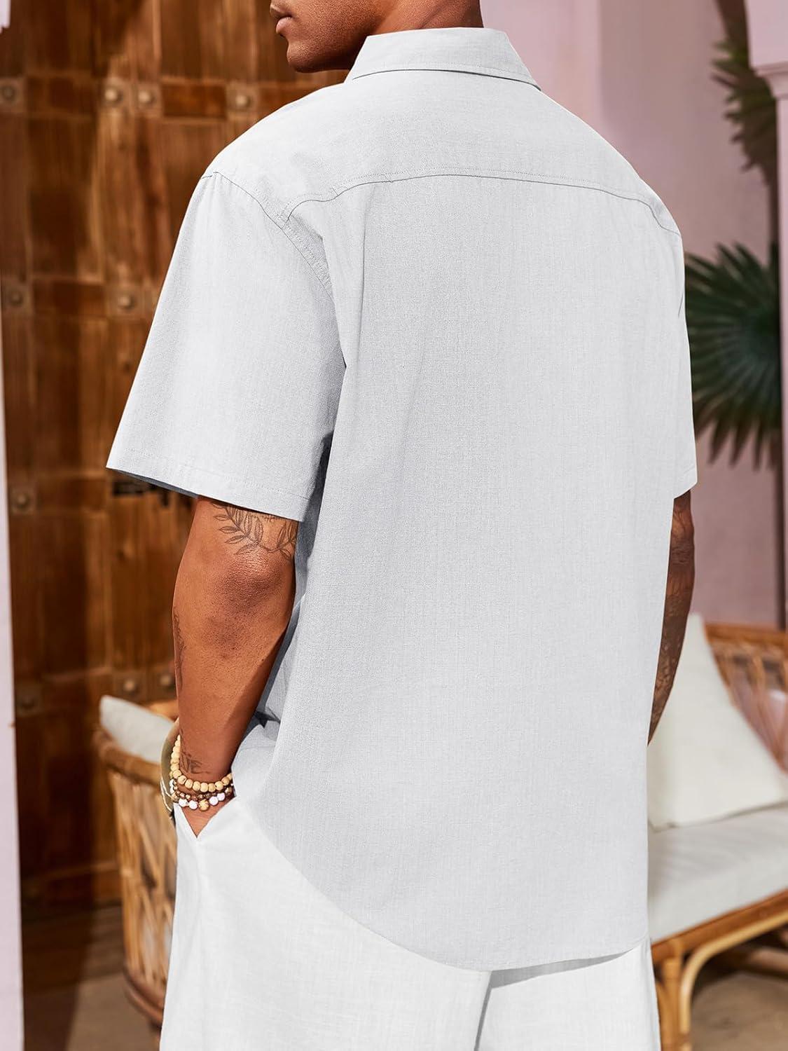 imageRuncati Mens Linen Shirt Guayabera Cuban Short Sleeve Button Down Cotton Summer Beach Hippie ShirtsWhite