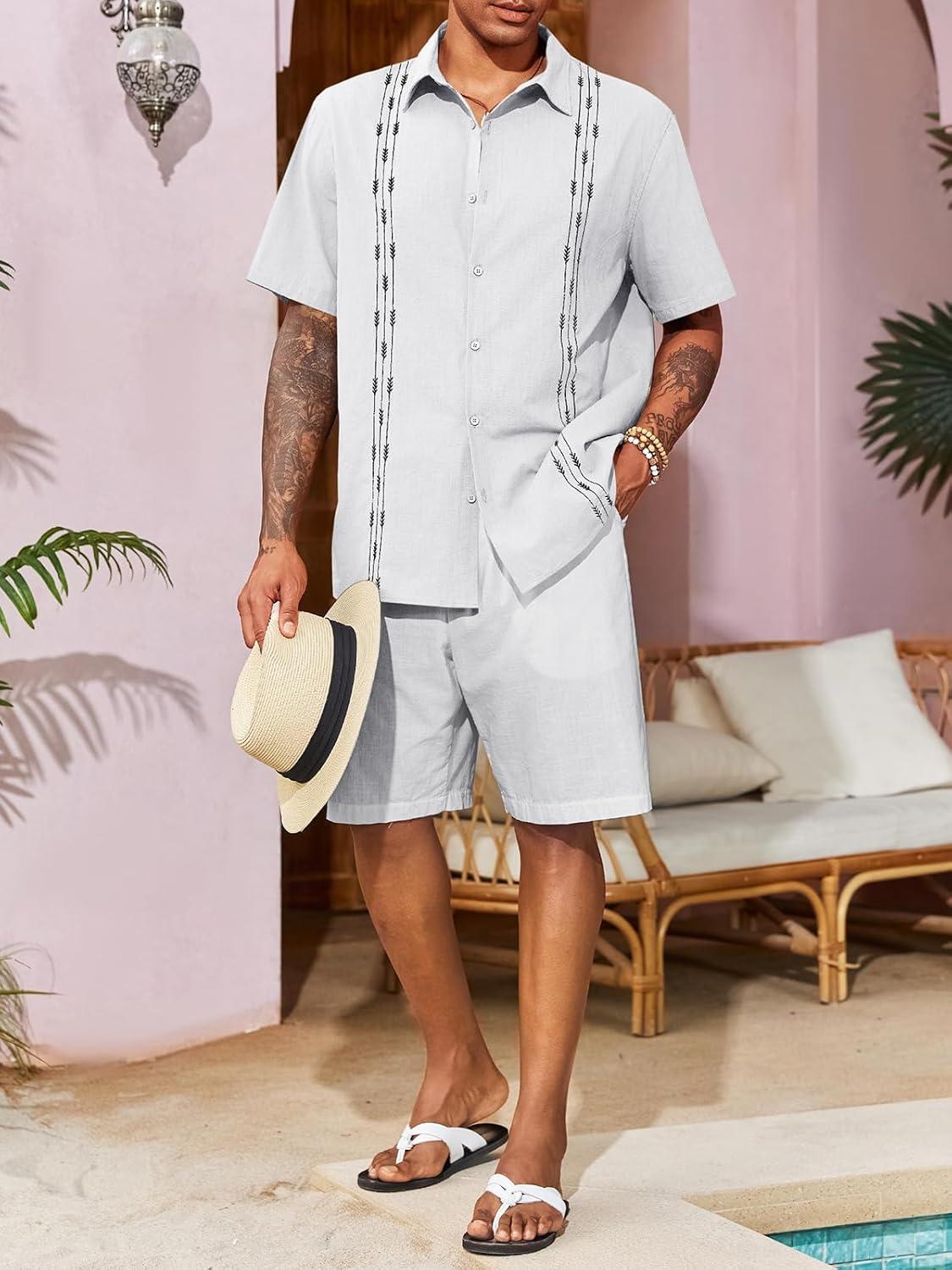 imageRuncati Mens Linen Shirt Guayabera Cuban Short Sleeve Button Down Cotton Summer Beach Hippie ShirtsWhite