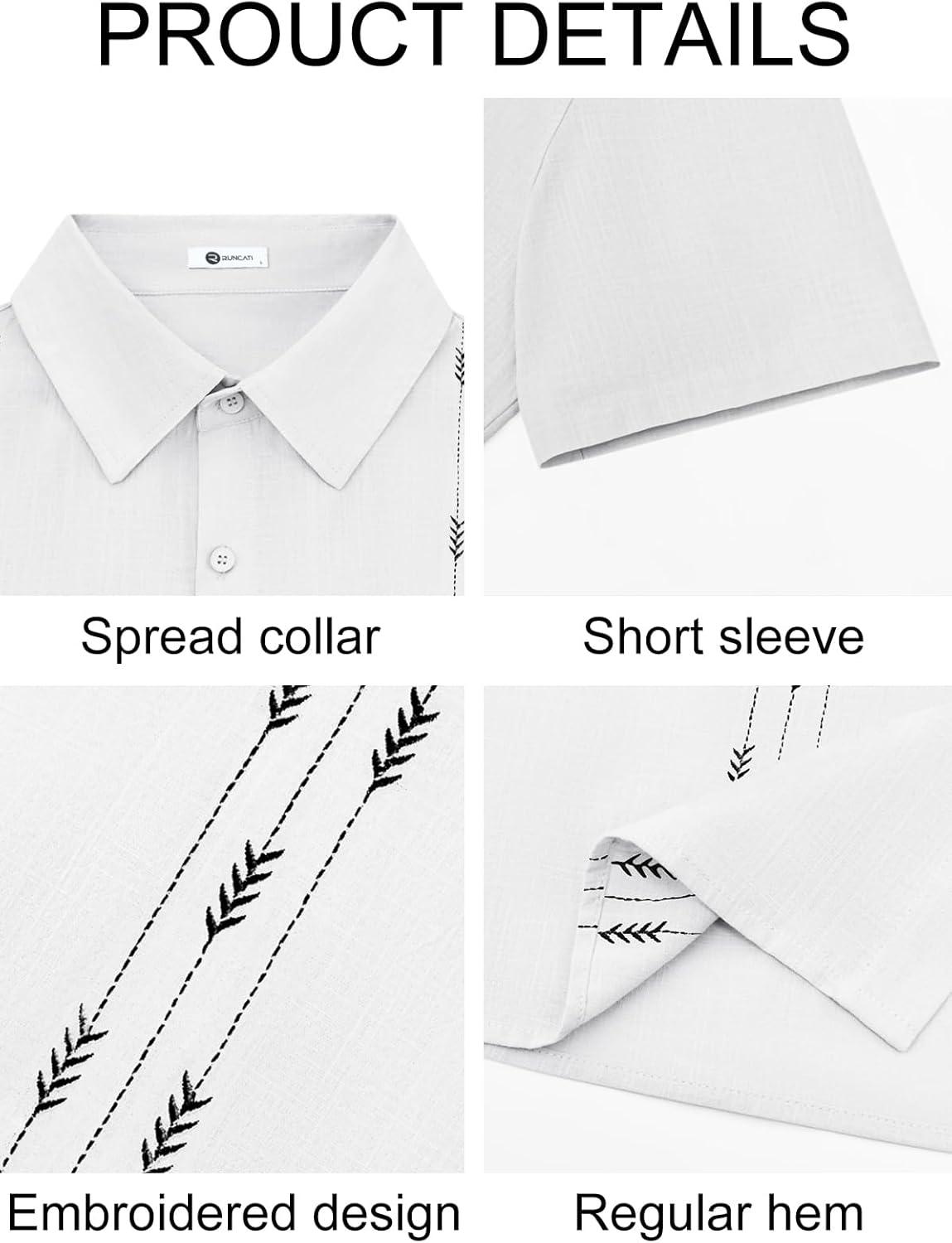 imageRuncati Mens Linen Shirt Guayabera Cuban Short Sleeve Button Down Cotton Summer Beach Hippie ShirtsWhite