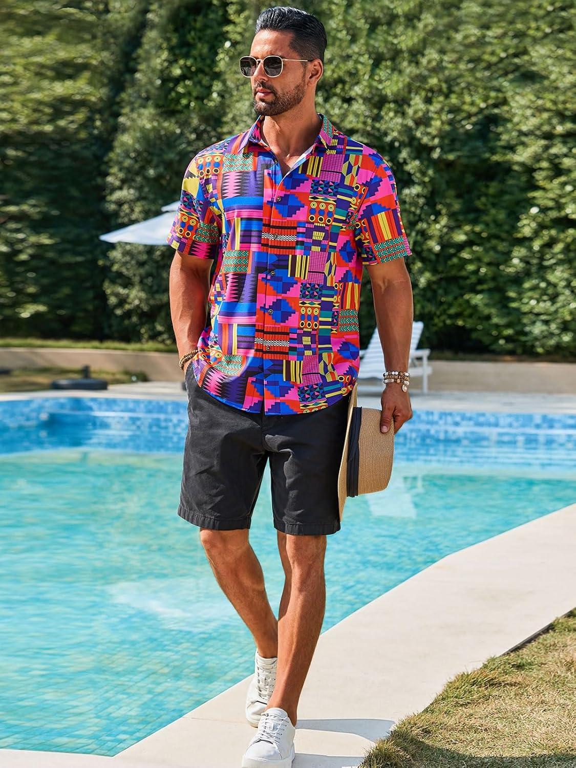 imageRuncati Mens Short Sleeve Shirts Button Down African Traditional Pattern Dashiki Shirt Casual Vintage Floral Hippie TopsBright Pink