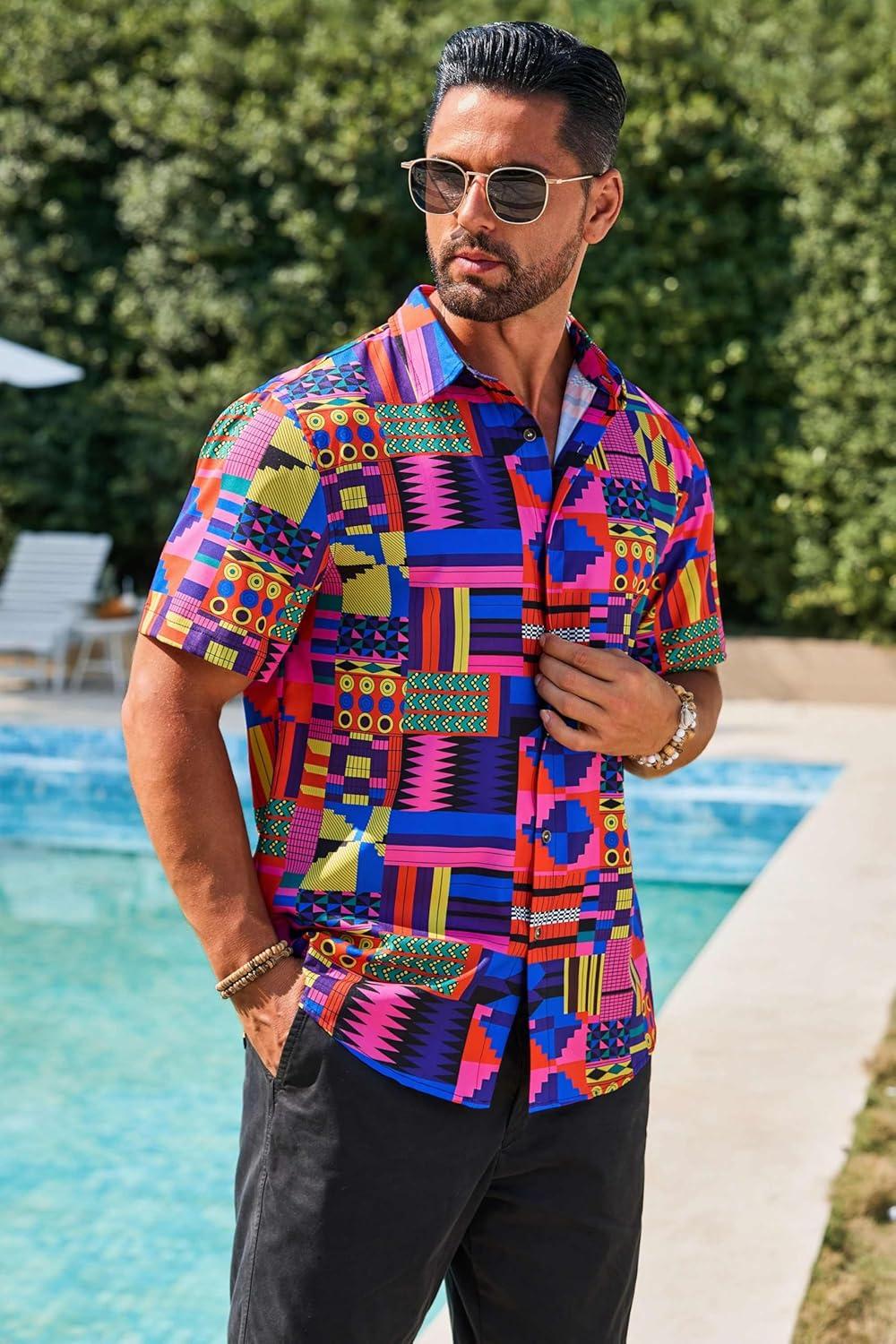 imageRuncati Mens Short Sleeve Shirts Button Down African Traditional Pattern Dashiki Shirt Casual Vintage Floral Hippie TopsBright Pink