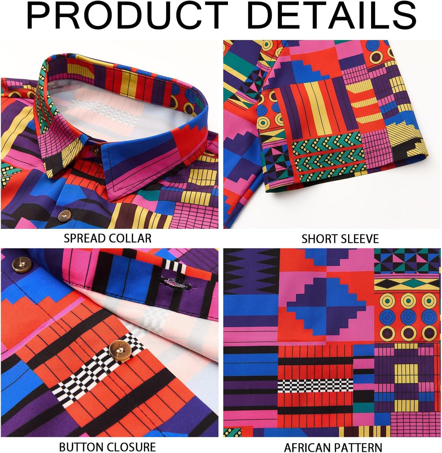 imageRuncati Mens Short Sleeve Shirts Button Down African Traditional Pattern Dashiki Shirt Casual Vintage Floral Hippie TopsBright Pink