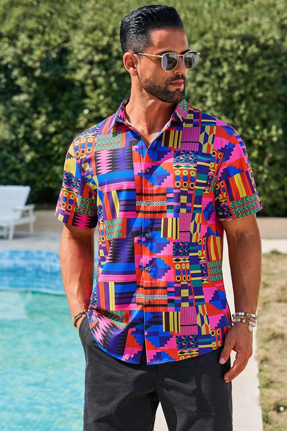 imageRuncati Mens Short Sleeve Shirts Button Down African Traditional Pattern Dashiki Shirt Casual Vintage Floral Hippie TopsBright Pink