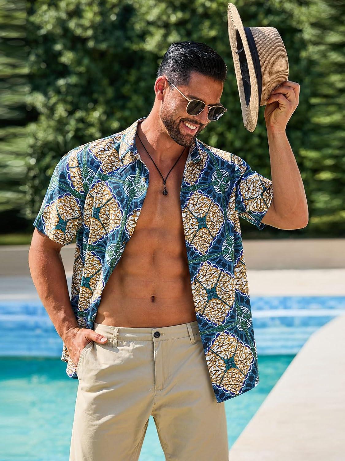 imageRuncati Mens Short Sleeve Shirts Button Down African Traditional Pattern Dashiki Shirt Casual Vintage Floral Hippie TopsDark Green