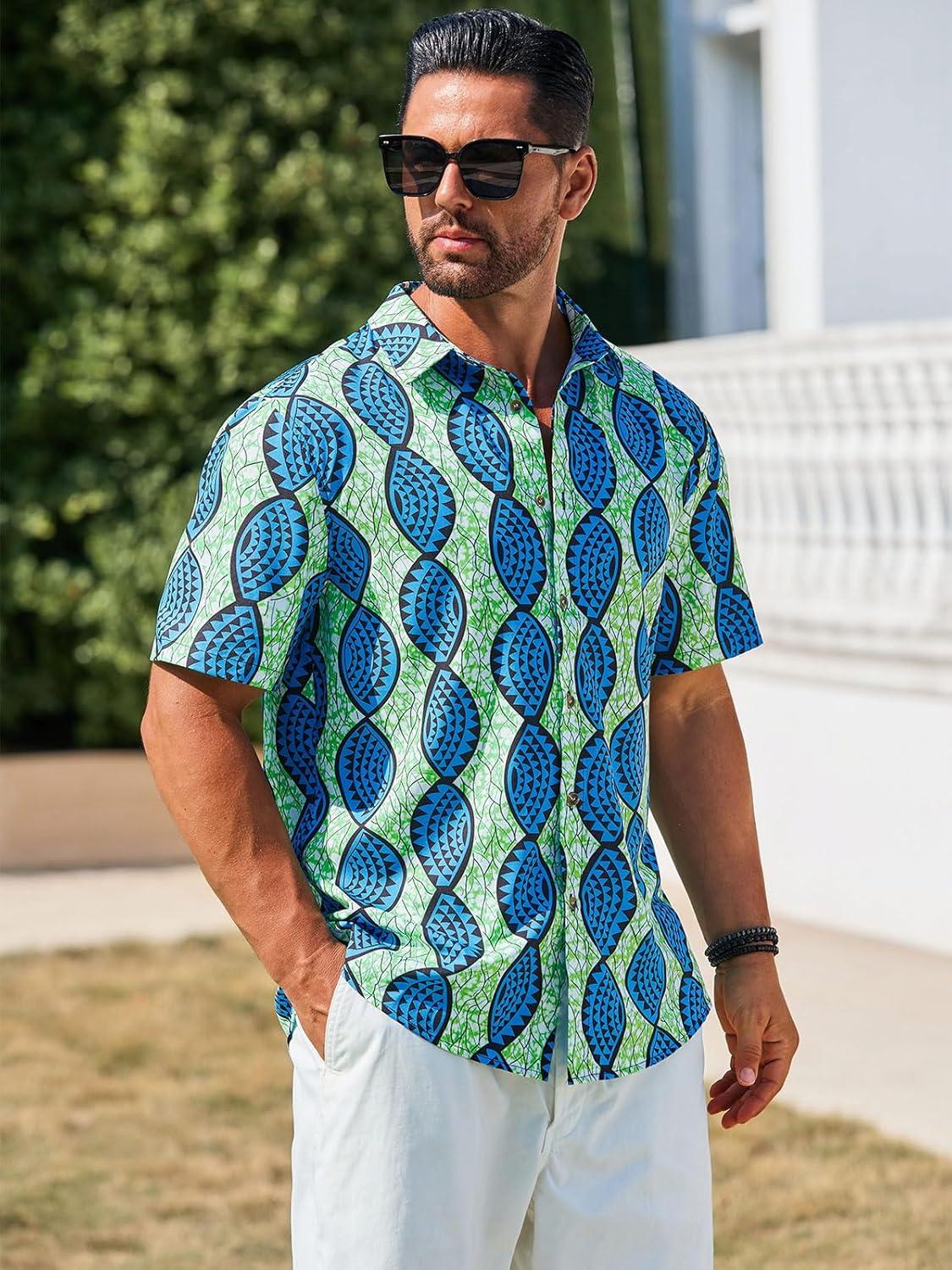 imageRuncati Mens Short Sleeve Shirts Button Down African Traditional Pattern Dashiki Shirt Casual Vintage Floral Hippie TopsLake Blue