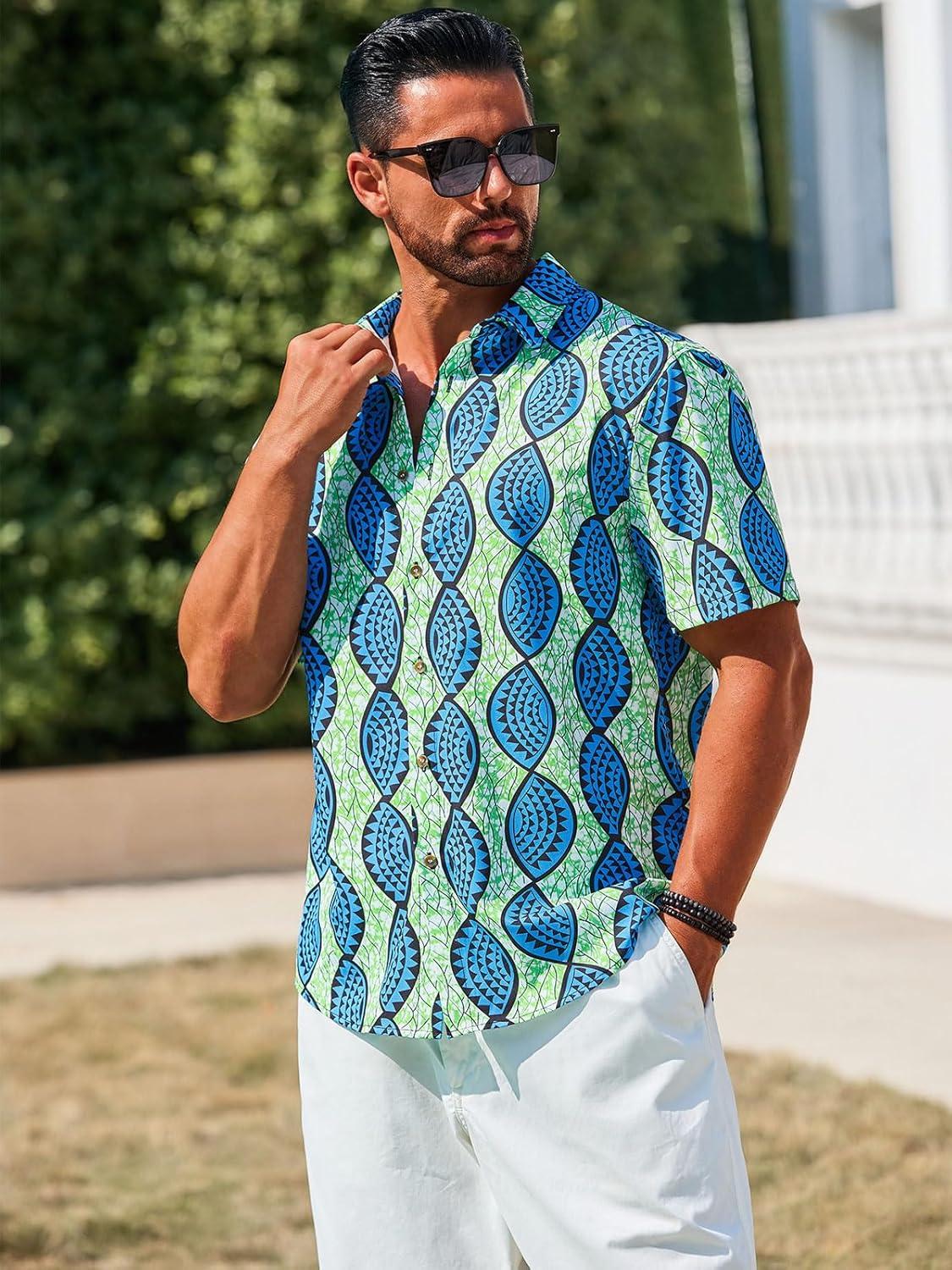 imageRuncati Mens Short Sleeve Shirts Button Down African Traditional Pattern Dashiki Shirt Casual Vintage Floral Hippie TopsLake Blue