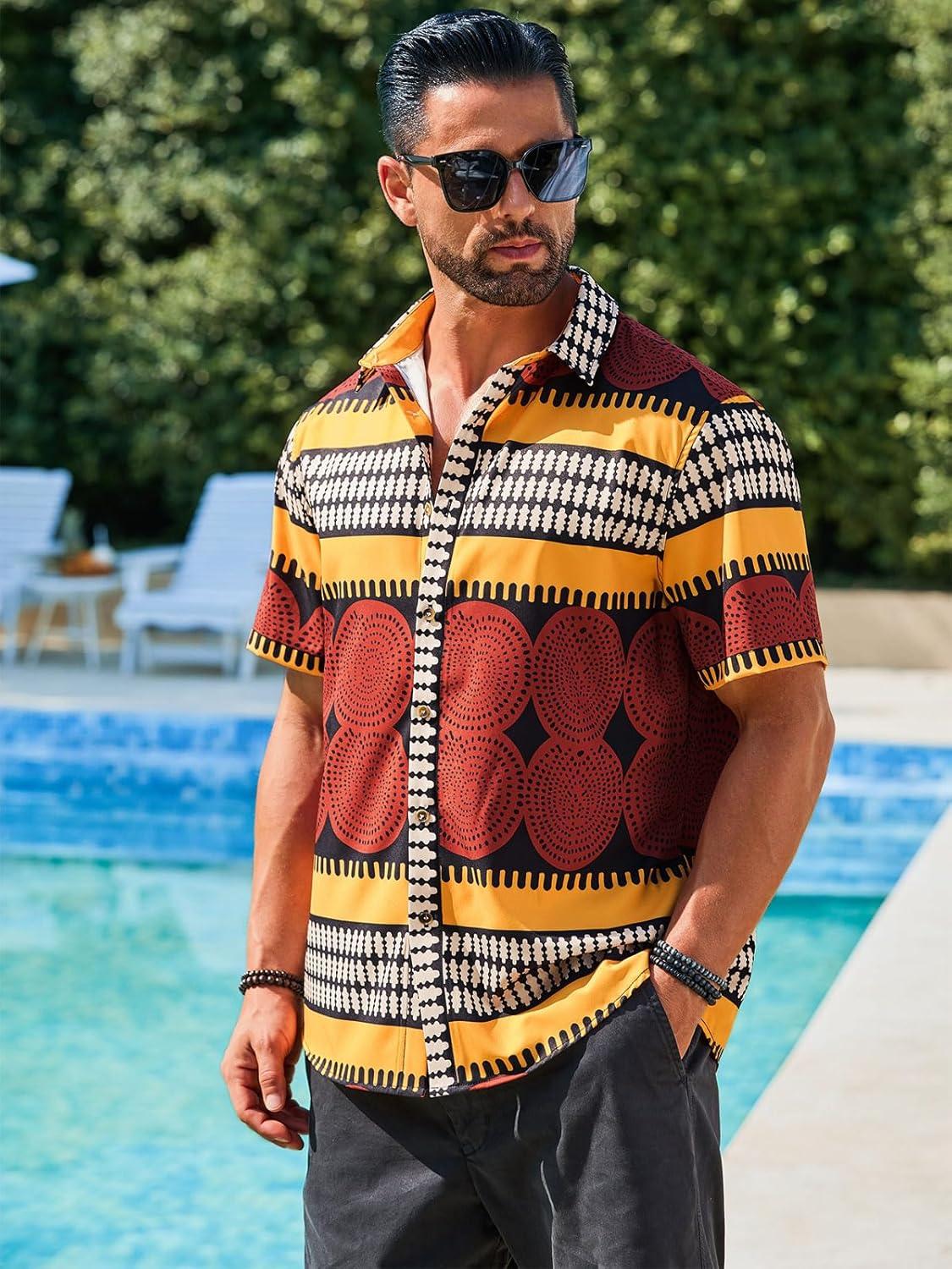 imageRuncati Mens Short Sleeve Shirts Button Down African Traditional Pattern Dashiki Shirt Casual Vintage Floral Hippie TopsYellow