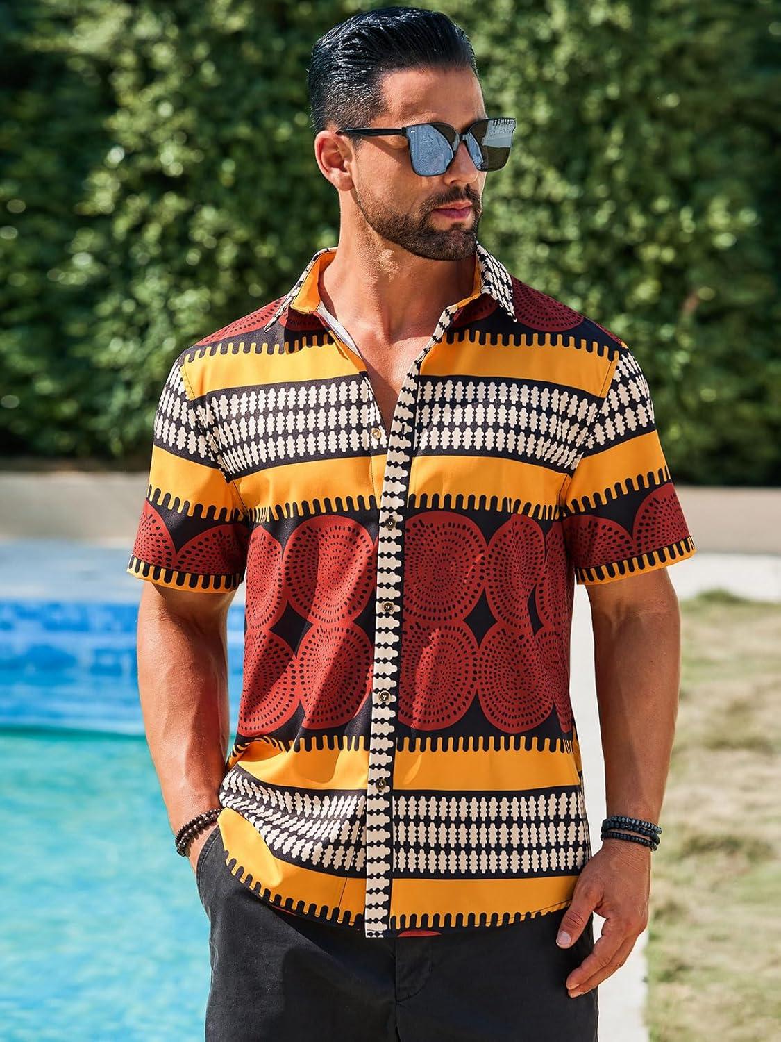 imageRuncati Mens Short Sleeve Shirts Button Down African Traditional Pattern Dashiki Shirt Casual Vintage Floral Hippie TopsYellow