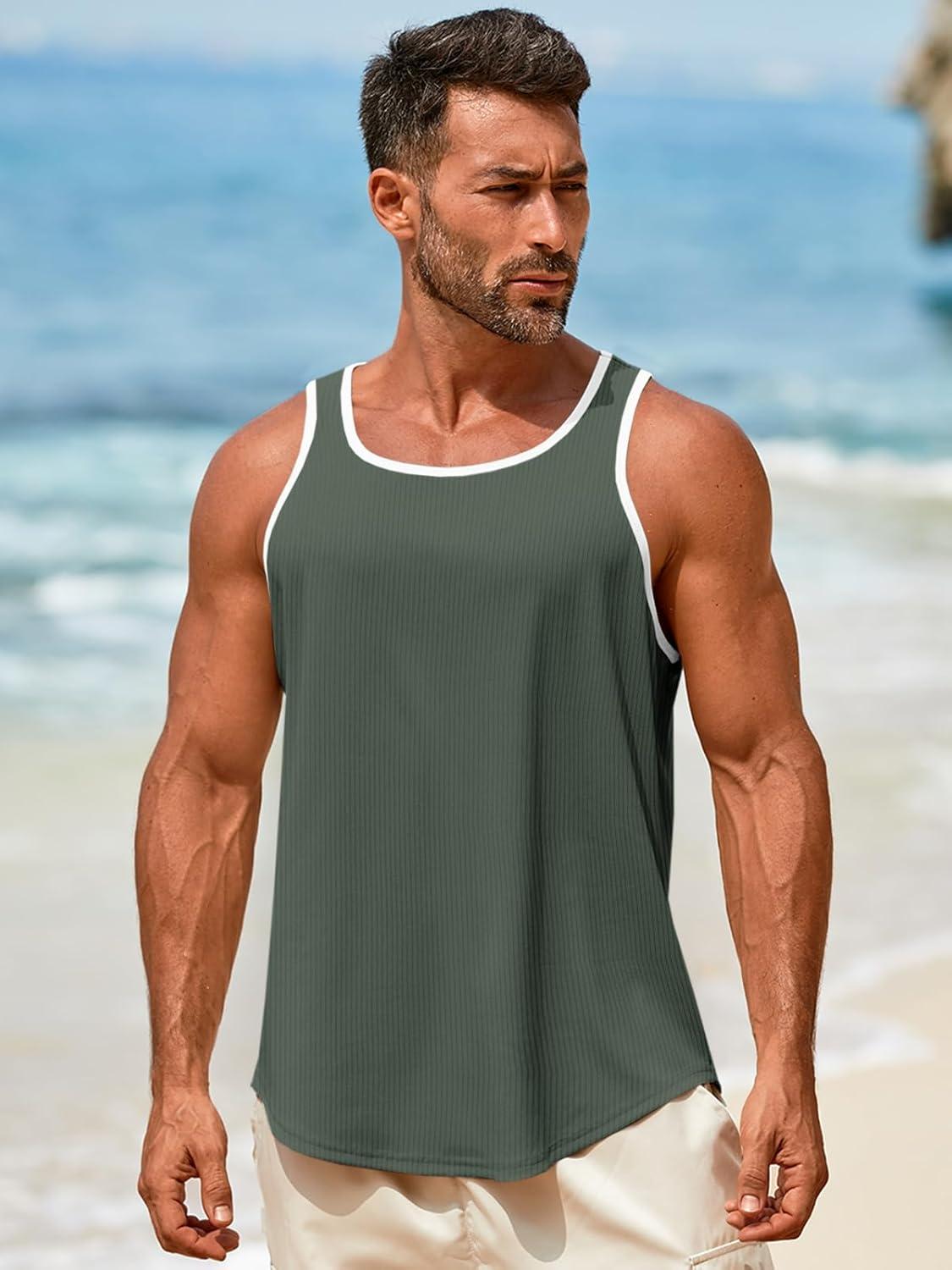 imageRuncati Mens Sleeveless Tank Tops Workout Muscle Gym Knitted Shirt Athletic Bodybuilding Slim Fit Ribbed T ShirtsArmy Green