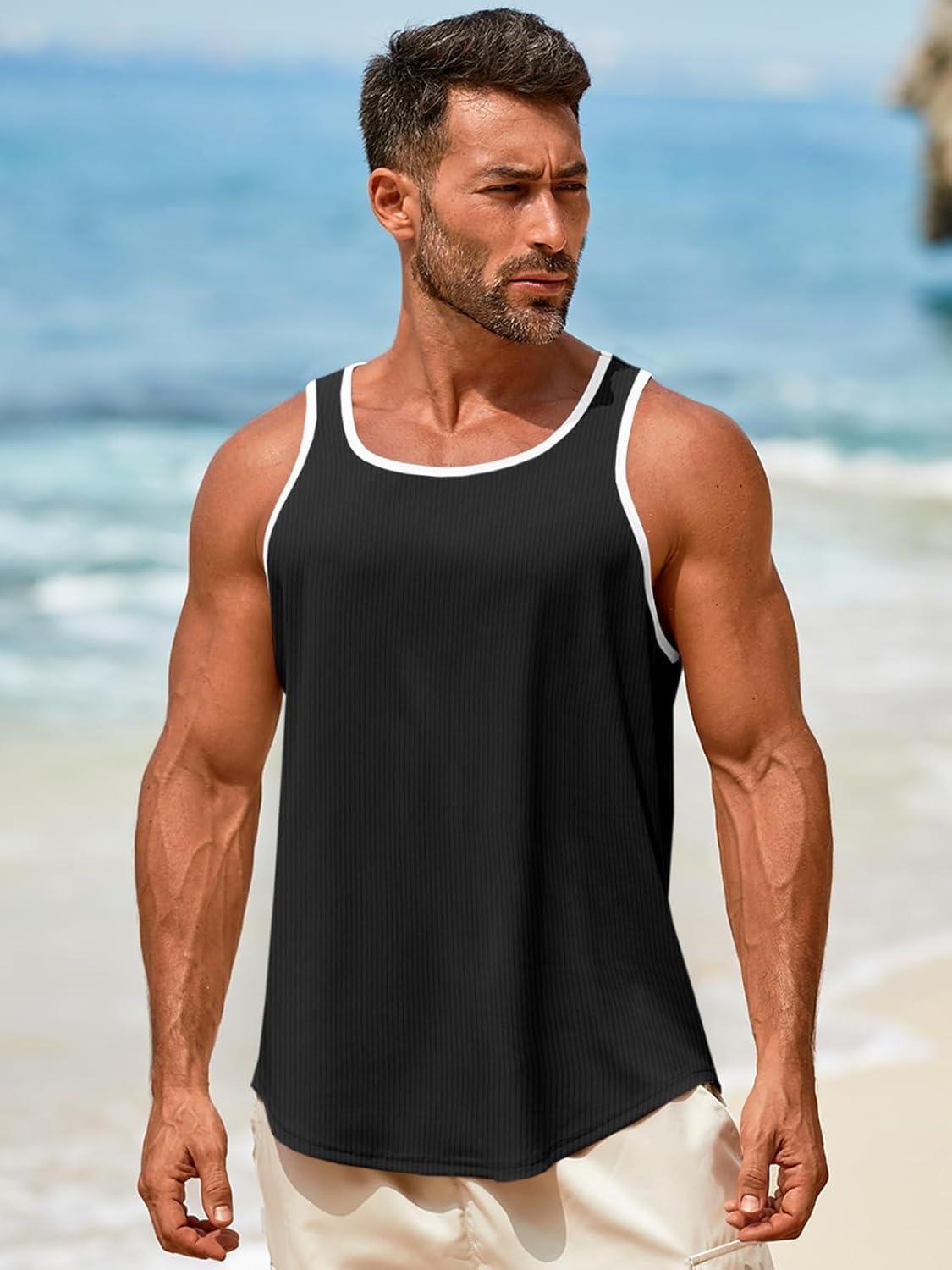 imageRuncati Mens Sleeveless Tank Tops Workout Muscle Gym Knitted Shirt Athletic Bodybuilding Slim Fit Ribbed T ShirtsBlack