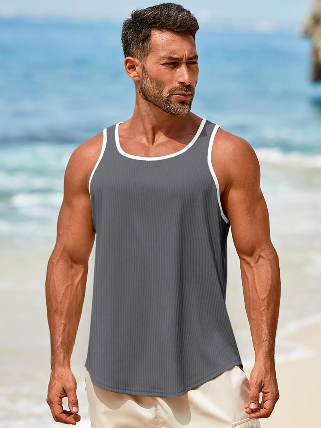 imageRuncati Mens Sleeveless Tank Tops Workout Muscle Gym Knitted Shirt Athletic Bodybuilding Slim Fit Ribbed T ShirtsDark Gray