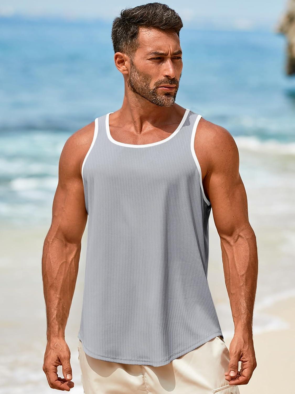 imageRuncati Mens Sleeveless Tank Tops Workout Muscle Gym Knitted Shirt Athletic Bodybuilding Slim Fit Ribbed T ShirtsGray