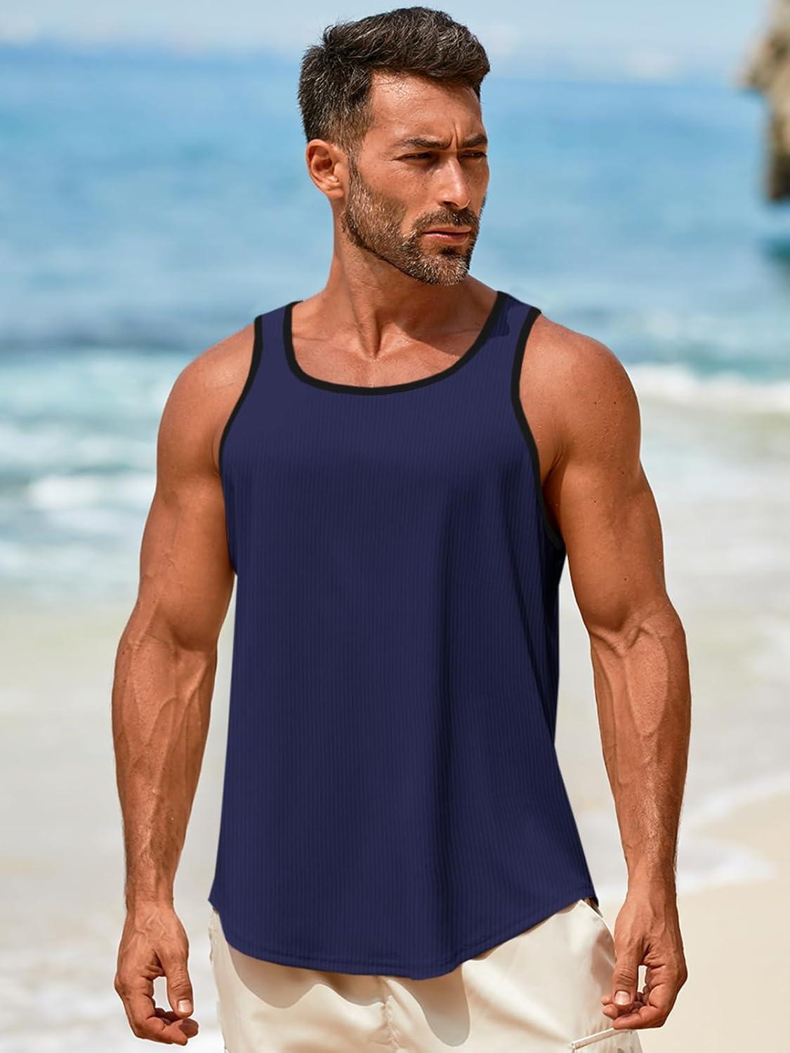 imageRuncati Mens Sleeveless Tank Tops Workout Muscle Gym Knitted Shirt Athletic Bodybuilding Slim Fit Ribbed T ShirtsNavy